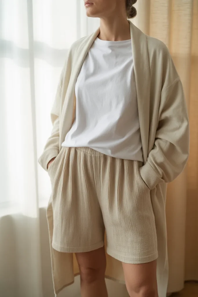 White Tee with Beige Shorts and Light Cardigan