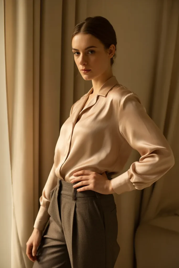Beige Blouse with Dark Brown Trousers