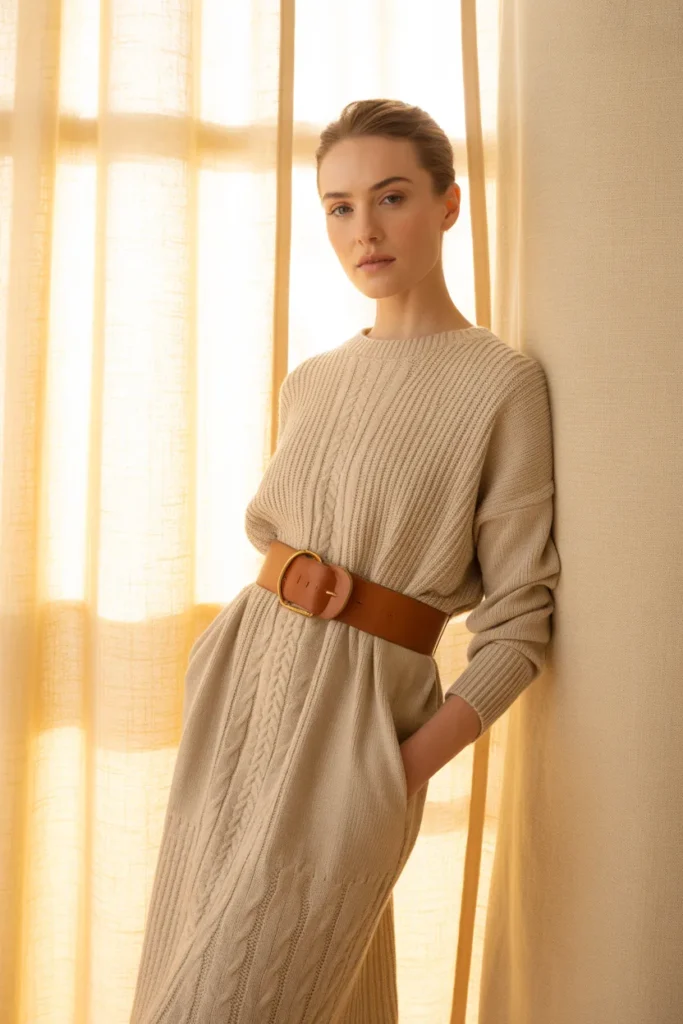  Beige Knit Dress with a Light Brown Belt