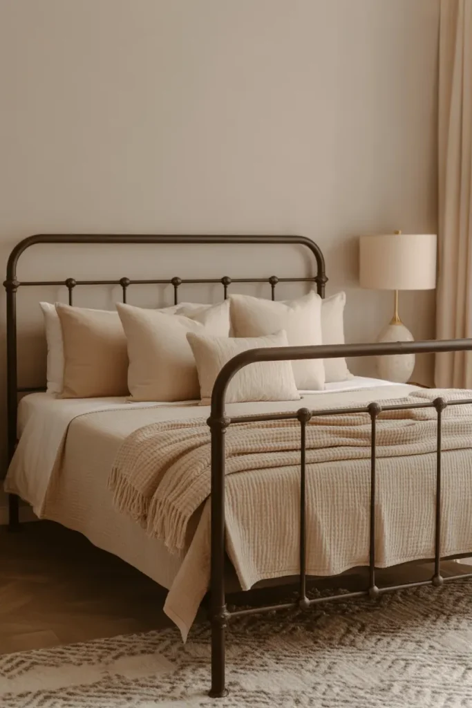 Black Metal Frame With Cozy Neutrals - Metal Frame Bedroom Ideas