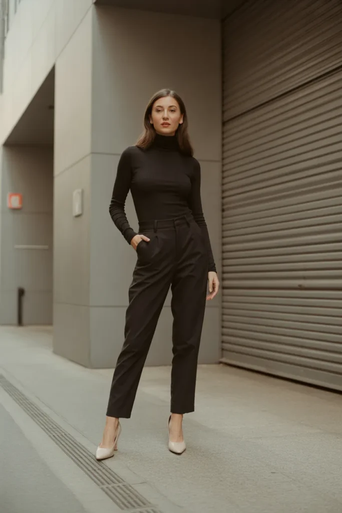 Black Skinny Turtleneck with High-Waist Trousers