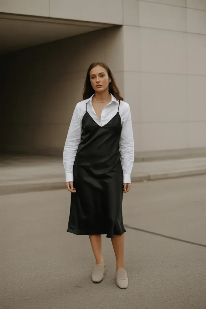 Black Slip Dress with White Shirt Layer