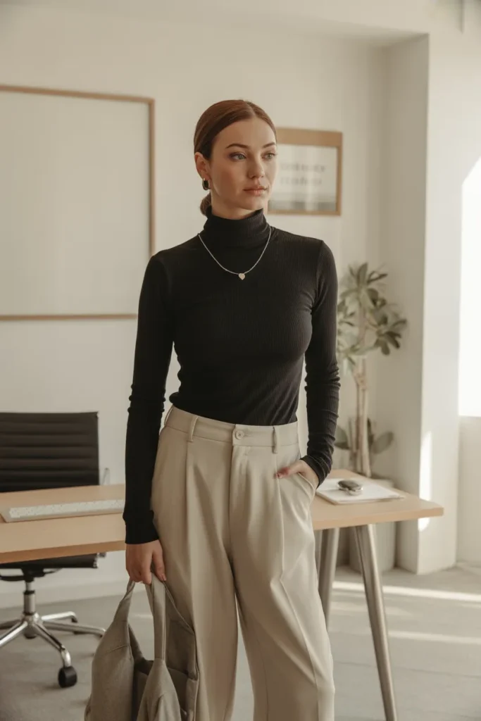 Black Turtleneck and Beige Trousers