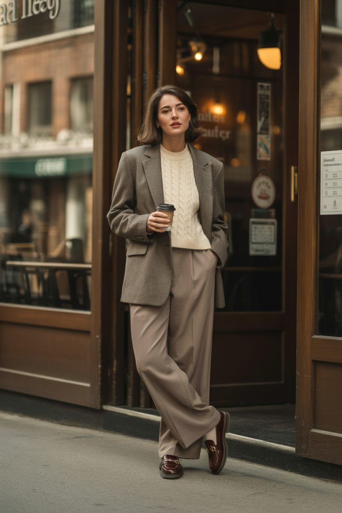 Blazer with Knit Top and Wide-Leg Pants
