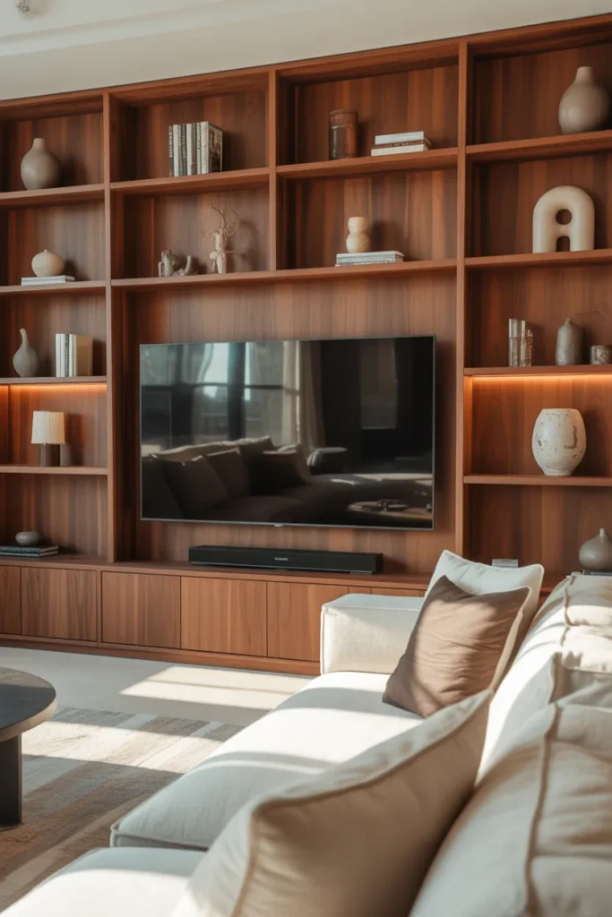 Built-In Shelving with Warm Lighting - Media Wall Ideas