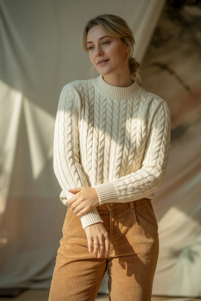 Cable Knit Sweater with Corduroy Pants