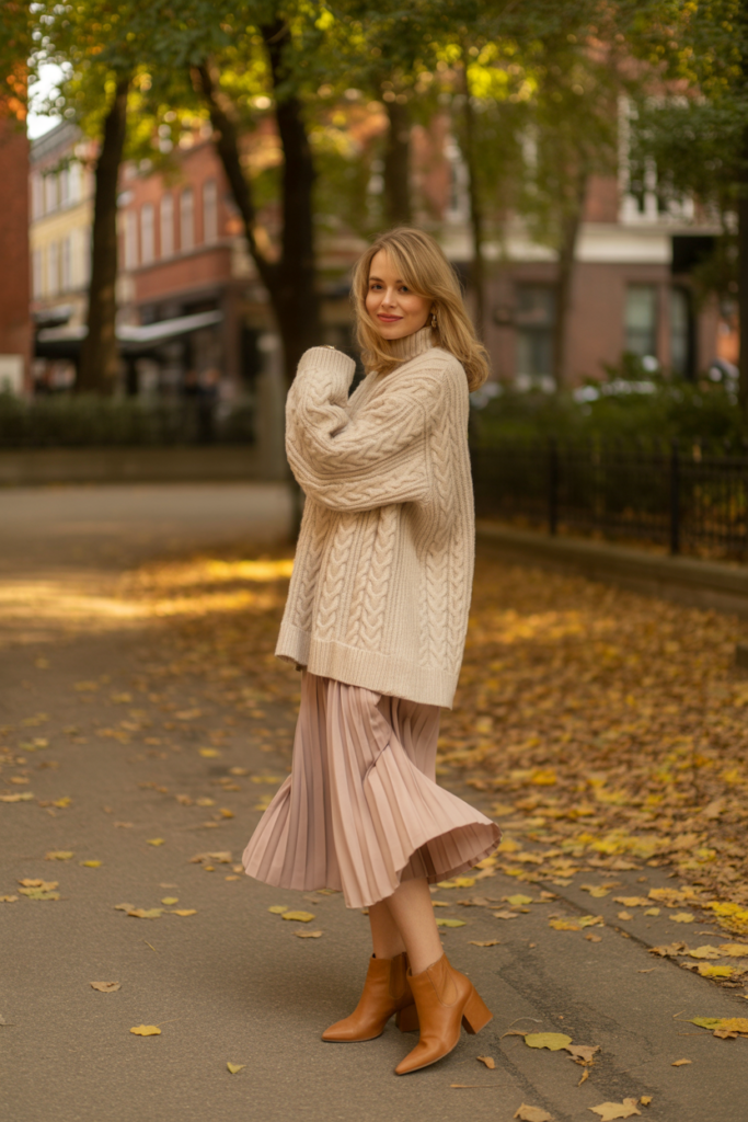 Cable Knit Sweater with Pleated Skirt