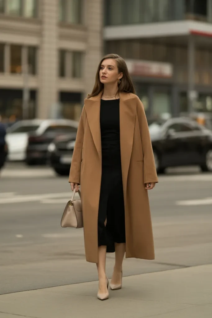 Camel Coat with Black Dress