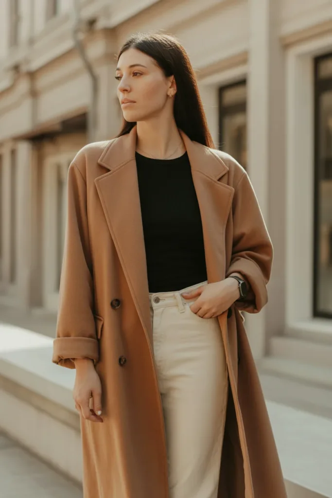 Camel Coat with Black Top and Soft Beige Jeans