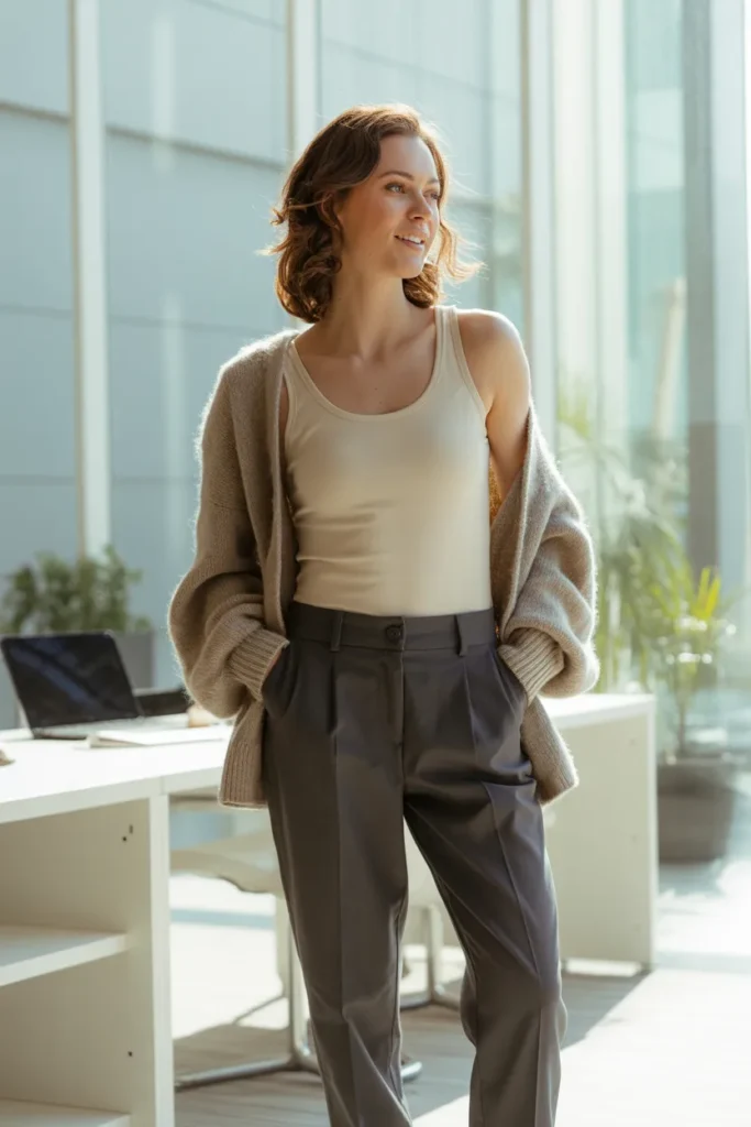 Cardigan, Tank, and Trousers