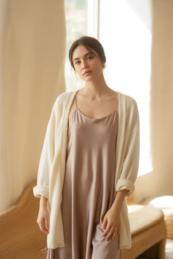 Cream Cardigan with Taupe Slip Dress