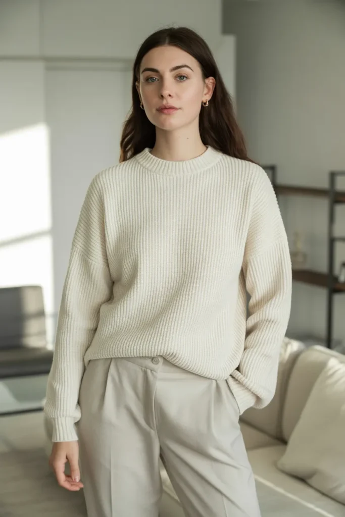 Cream Knit Sweater with Light Beige Trousers