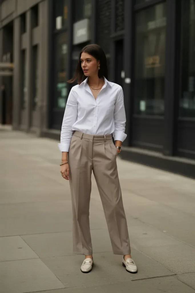Crisp White Shirt with Tailored Trousers