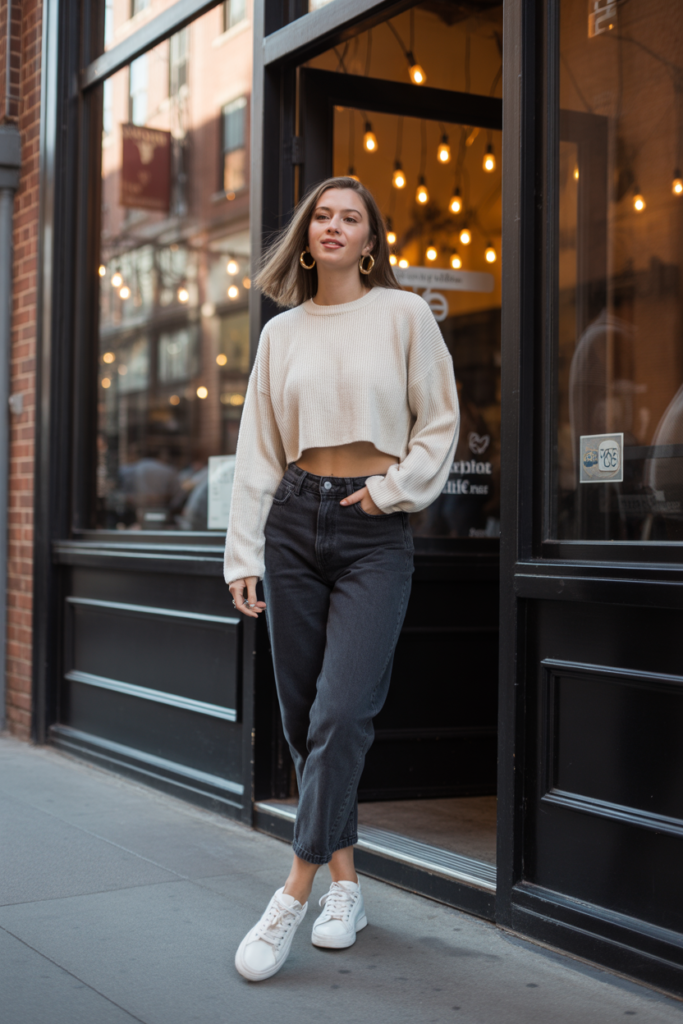 Cropped Chunky Sweater with High-Waisted Jeans