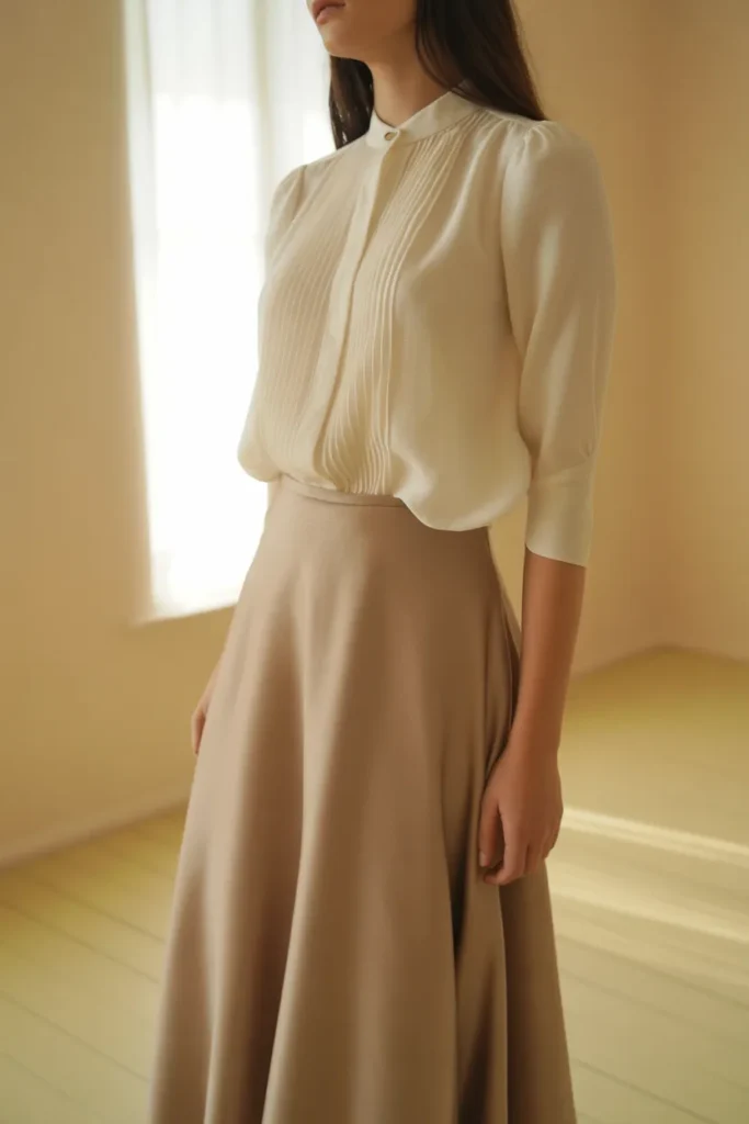 Ivory Blouse with Light Brown Skirt