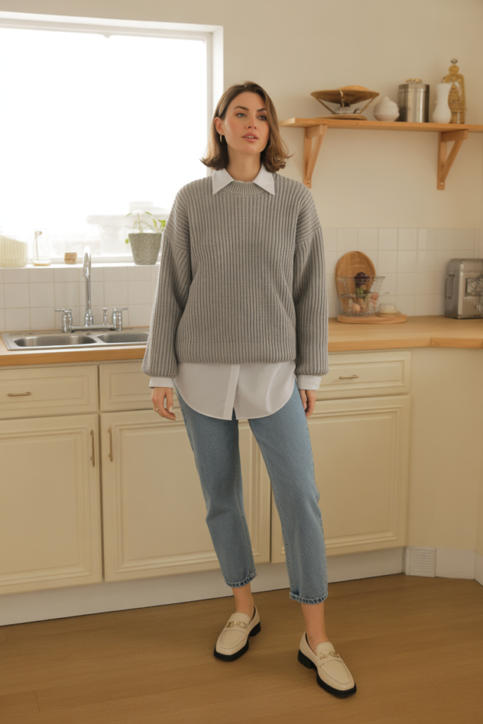 Layered Chunky Sweater with Collared Shirt - Chunky Sweater Outfit Ideas