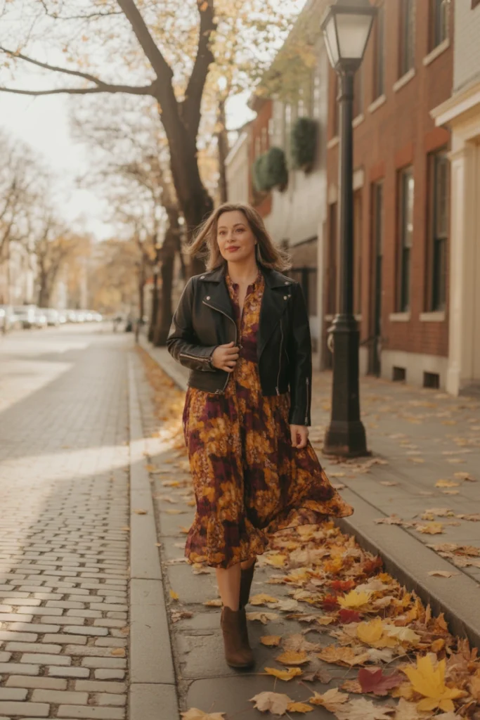 Leather Jacket with Floral Dress