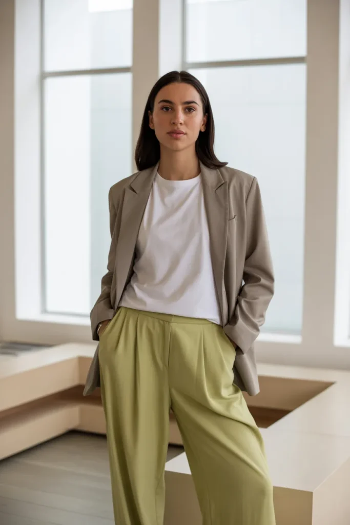 Light Beige Blazer with White Tee and Soft Olive Pants