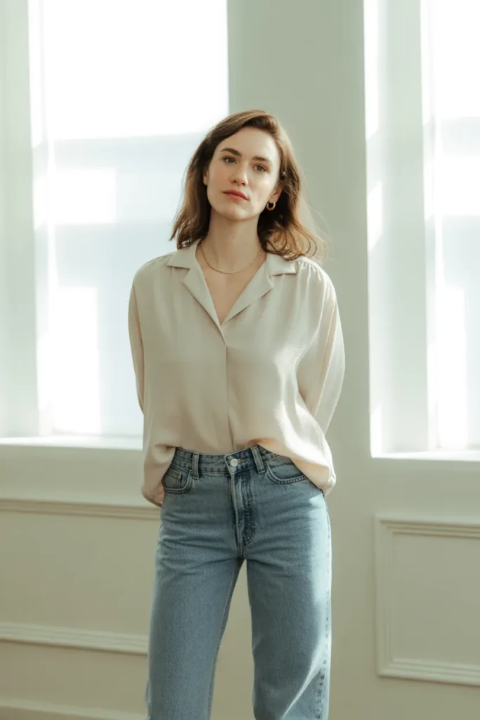 Lightweight Blouse with Straight-Leg Jeans