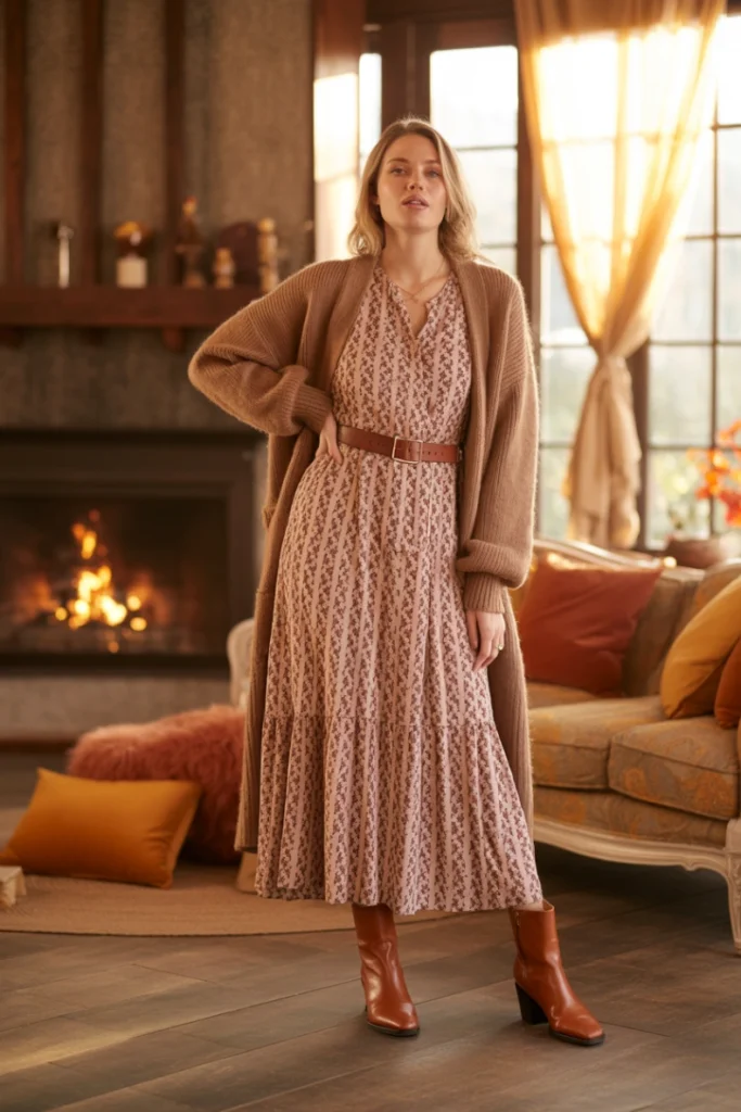 Long Cardigan with Midi Dress - Fall Winter Outfit Ideas