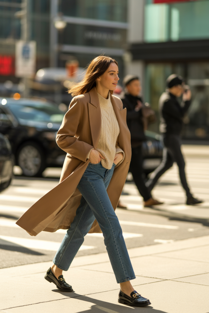 Long Coat with Straight Jeans and Loafers - Casual Chic Outfits for Winter