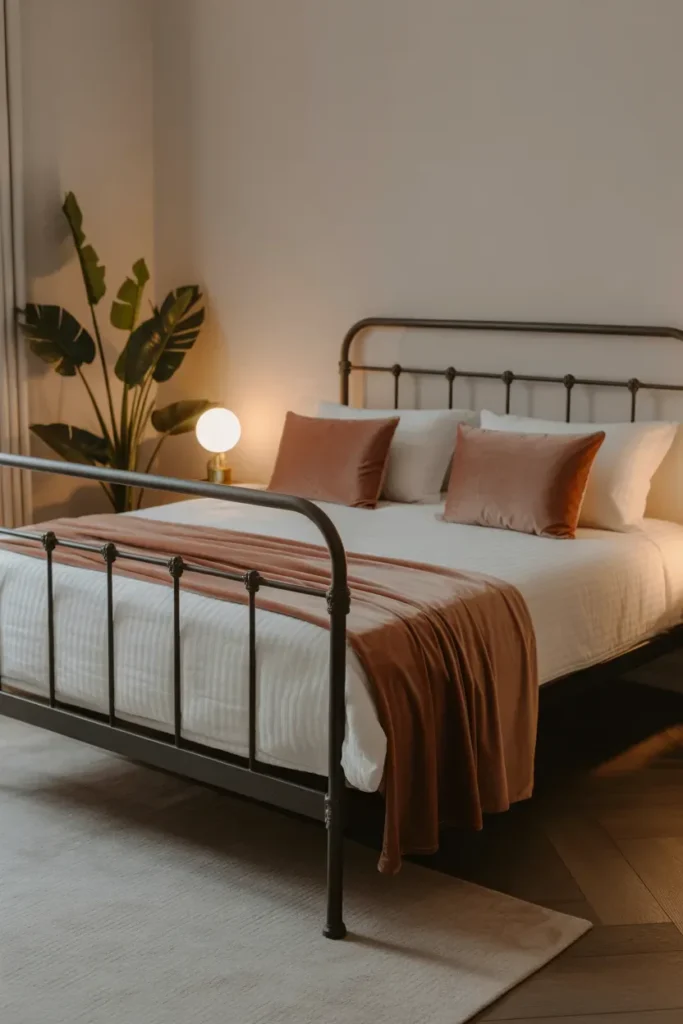 Metal Frame Bed with Velvet Accents
