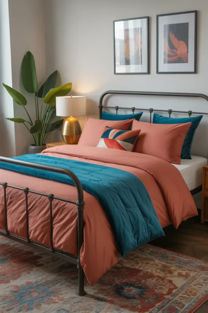 Metal Frame With Bold Color Bedding