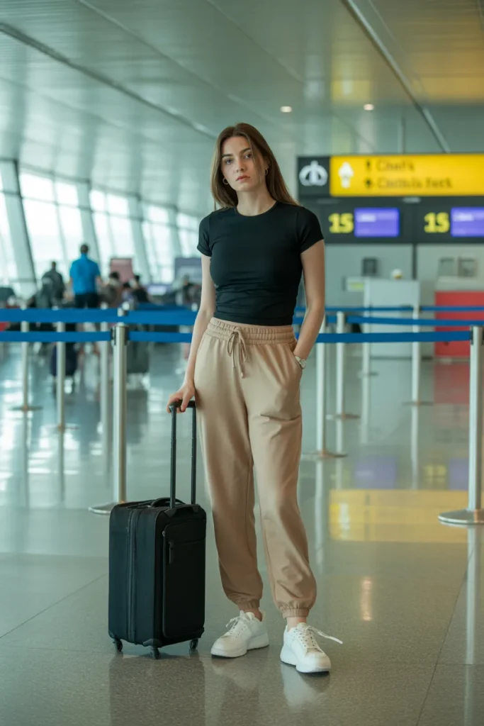 Neutral Joggers with a Fitted Tee - Travel Outfit Inspirations