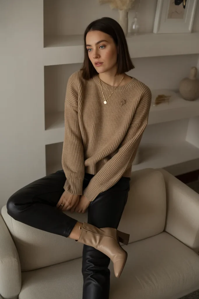 Neutral Knit Sweater With Slim Pants