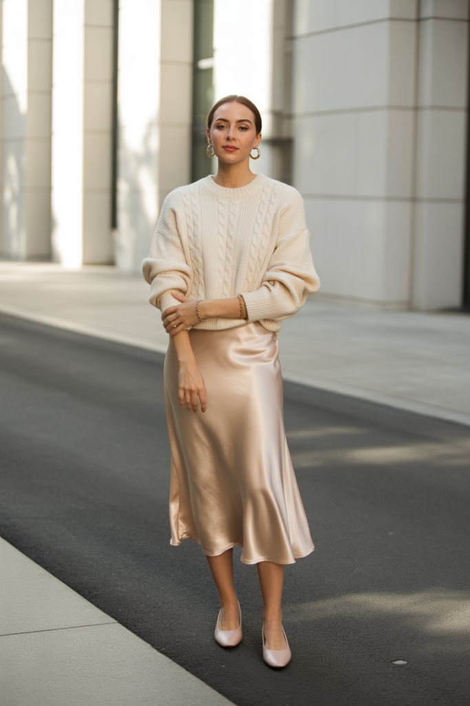 Neutral Sweater with a Midi Skirt