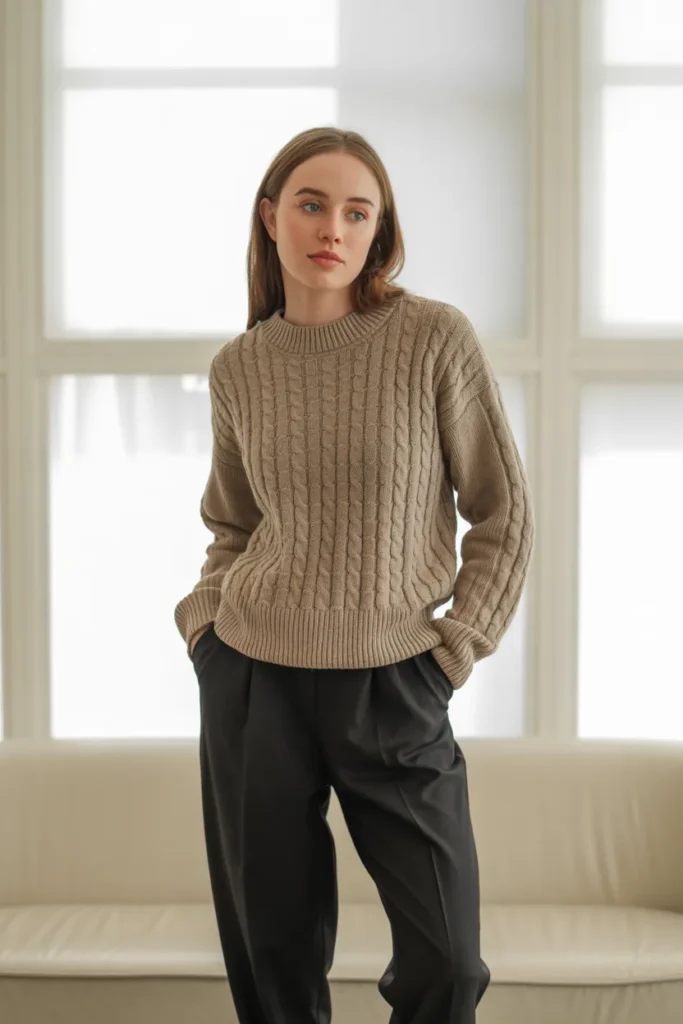 Oatmeal Sweater with Black Trousers