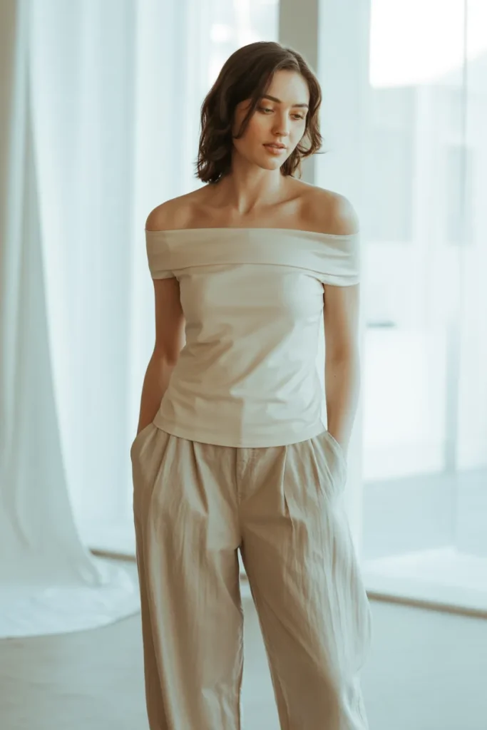 Off-Shoulder Top with Cotton Trousers