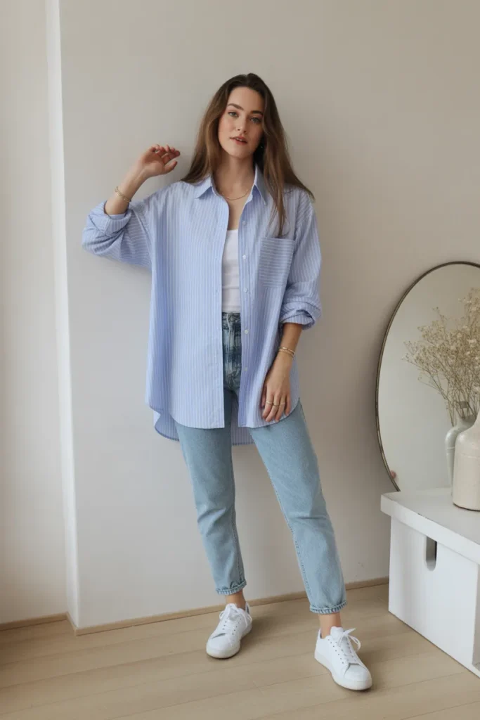 Oversized Button-Down Shirt with Slim Jeans