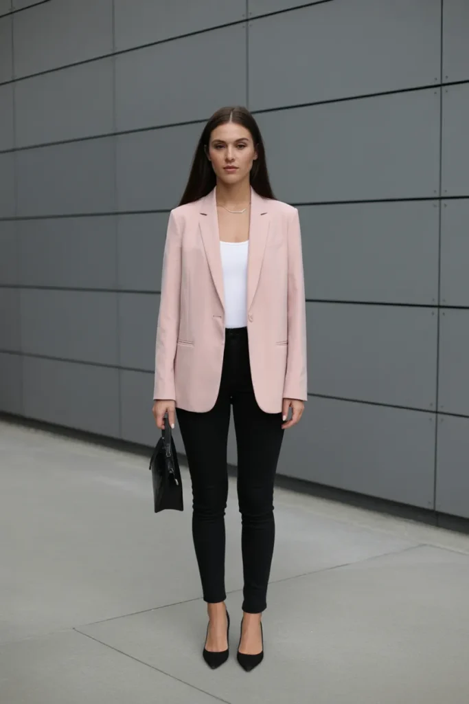 Powder Pink Blazer with Black Skinny Pants - Powder Pink Outfits