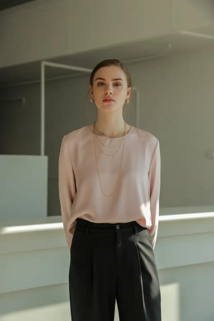 Powder Pink Blouse With Black Trousers - 17 Powder Pink Outfits That Look Elegant and Simple