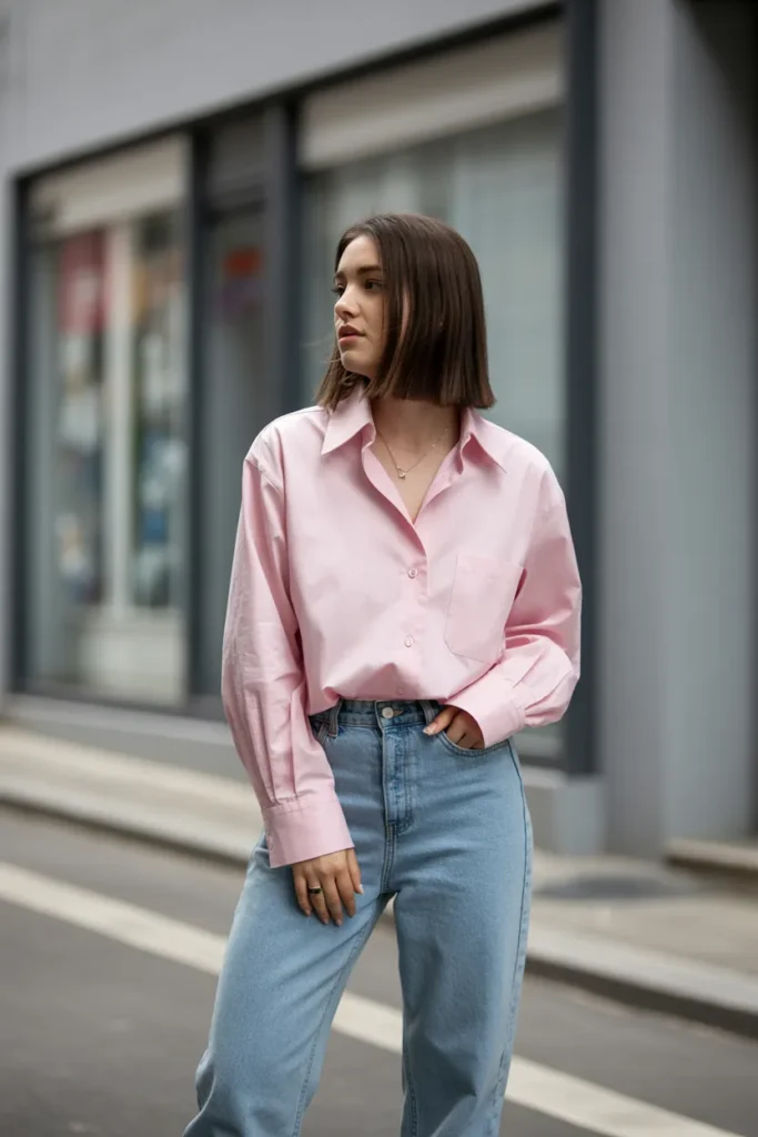 Powder Pink Button-Up With Straight-Leg Jeans