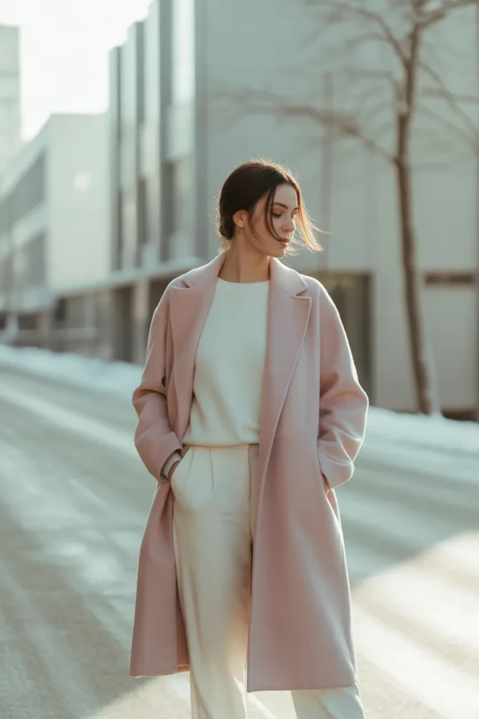 Powder Pink Coat Over a Monochrome Base