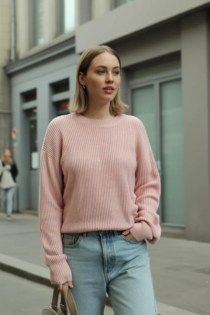 Powder Pink Knit Sweater With Light Denim