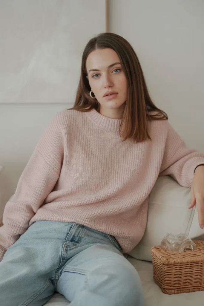 Powder Pink Knit Sweater with Blue Denim