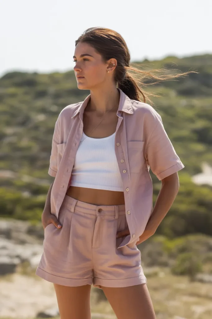 Powder Pink Linen Shirt With Tailored Shorts