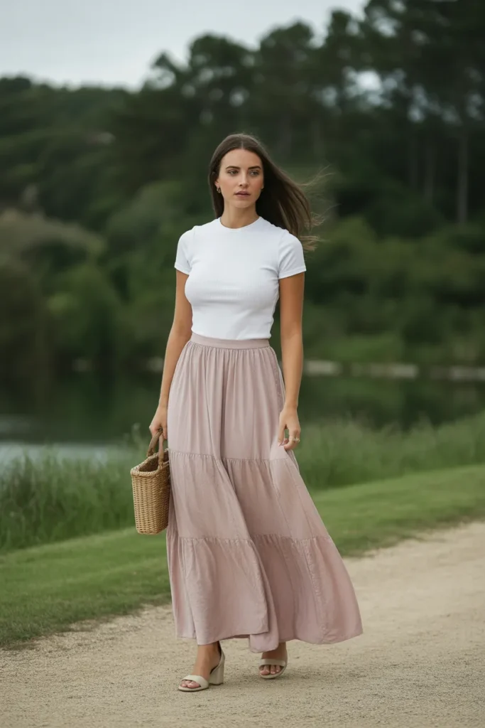 Powder Pink Maxi Skirt with White Fitted Top