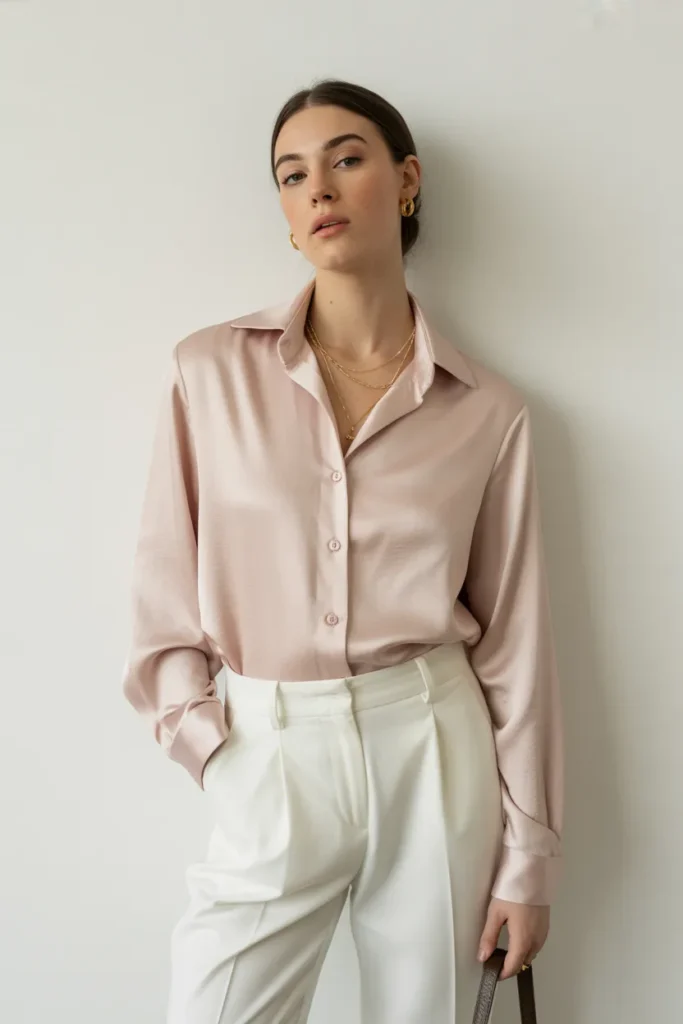 Powder Pink Satin Blouse with White Trousers - Powder Pink Outfits
