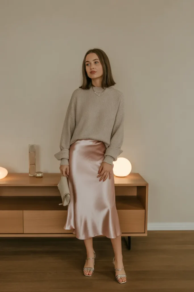 Powder Pink Satin Skirt With Neutral Knit Top