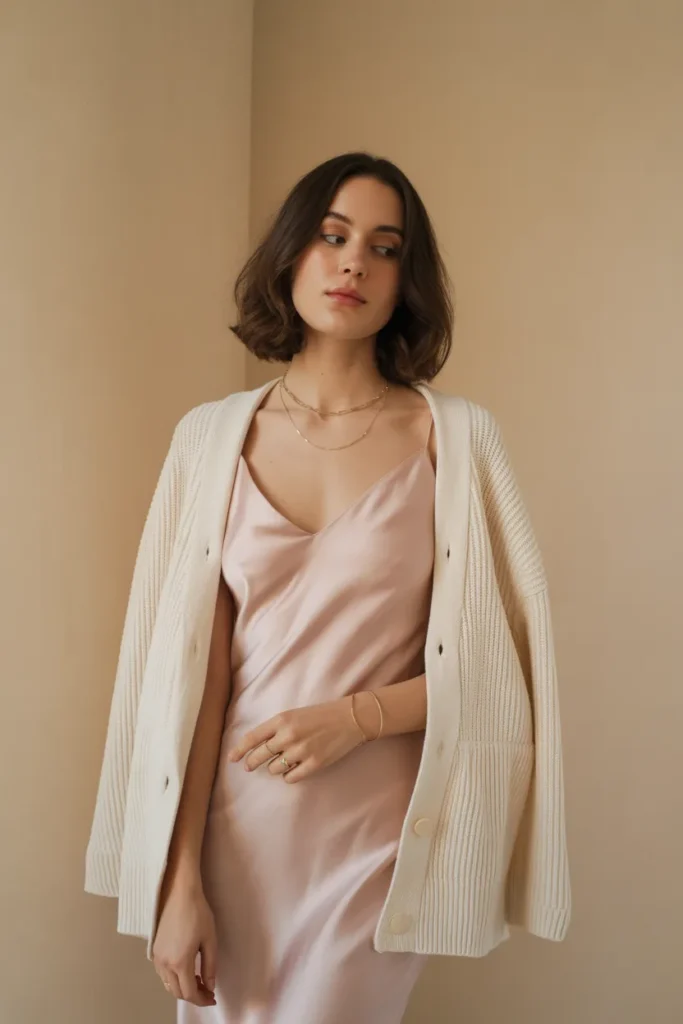 Powder Pink Slip Dress with Neutral Cardigan