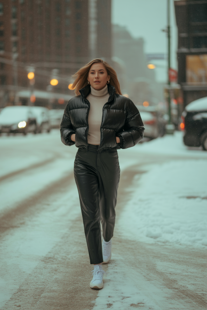 Puffer Jacket with Faux Leather Pants