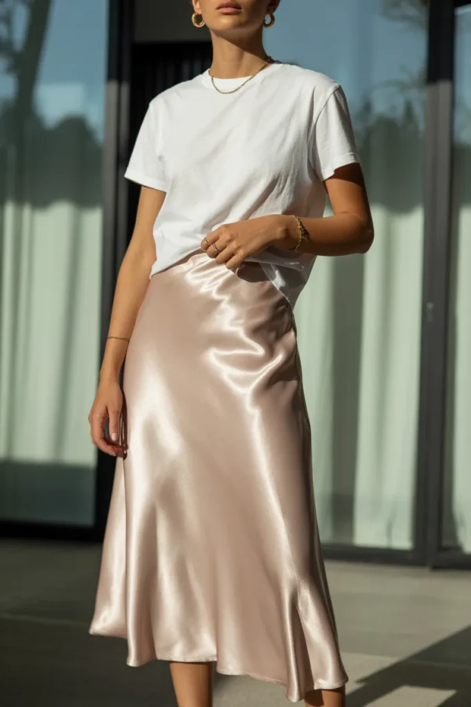 Satin Skirt with Simple Tee