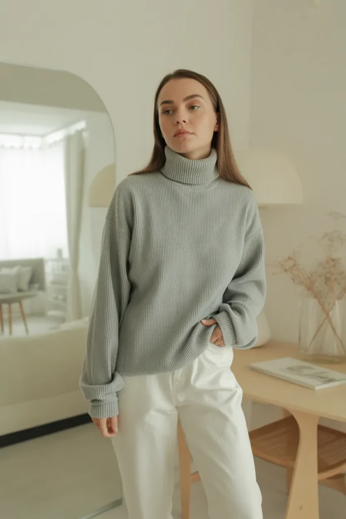 Soft Gray Turtleneck with White Straight-Leg Pants