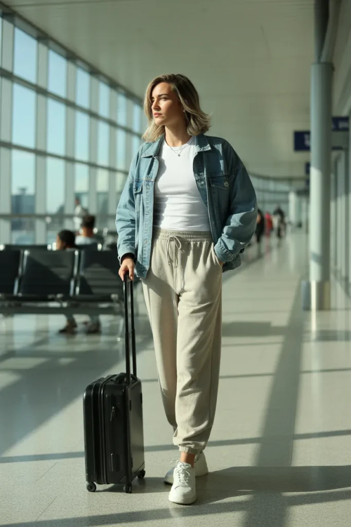 Soft Joggers With a Fitted Tee and Denim Jacket - Airport Outfit Ideas