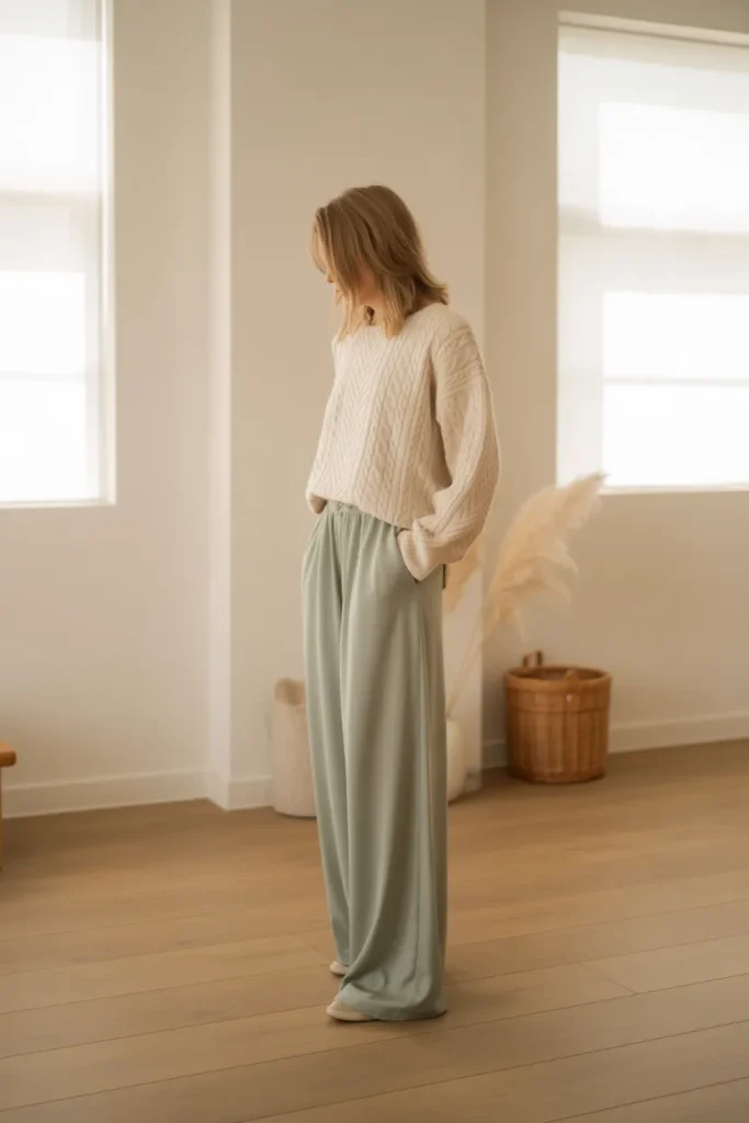 Soft White Sweater with Sage Pants