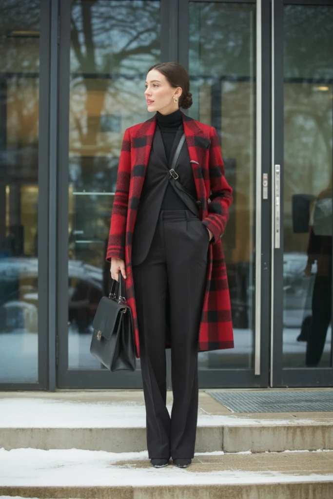 Statement Coat Over All-Black Outfit - Winter Work Outfits